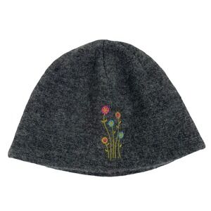 Pistil Wool Beanie Hat Embroidered Flowers Charcoal Gray Made in Italy Ski